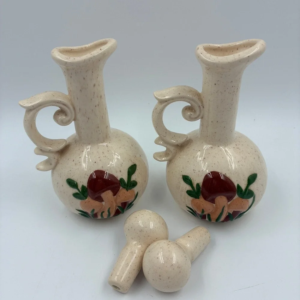 Vintage B Alexander 1981 Ceramic Mushroom Oil Vinegar Cruet Set with Tray 5pc